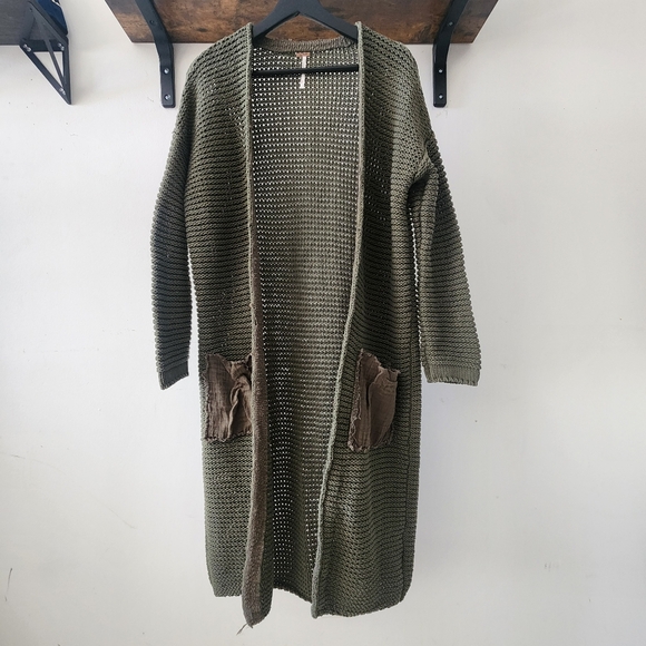 Free People Olive Green Duster Long Open Front Cardigan Sweater - Picture 1 of 9